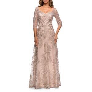 La Femme Champagne Floral Embroidered Sweetheart Neckline Mesh A-Line Gown